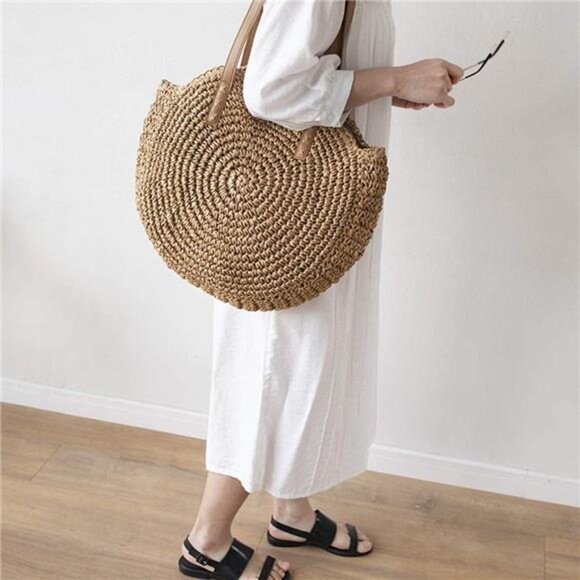 Straw Handbags Women Handwoven Round Corn Straw Bags Natural Chic Hand Large - Picture 3 of 7